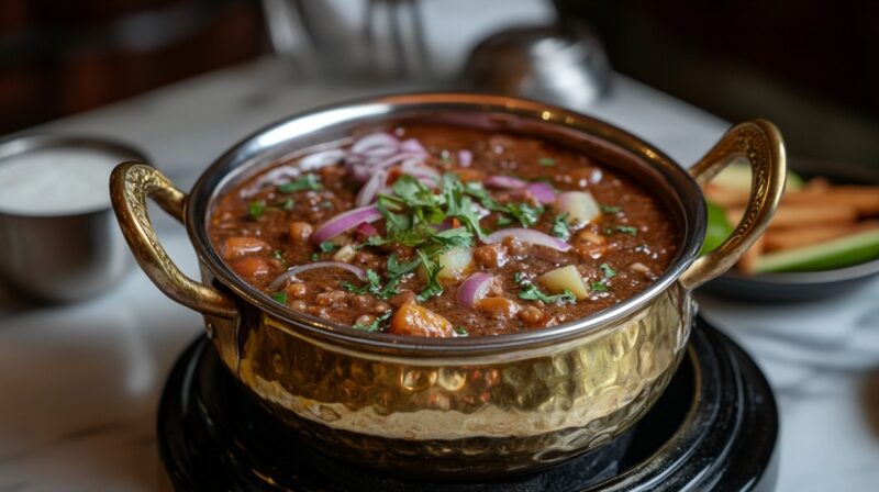 Punjabi chole with potatoes and garnished with onions and cilantro in a brass serving bowl