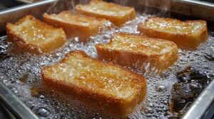 Slices of bread being deep-fried in hot oil until golden brown, with bubbles forming around the crisping edges in a metal pan