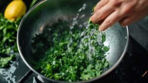 A close-up of a hand sprinkling water over a bowl of fresh fenugreek leaves being washed in a metal bowl. A lemon and more greens are visible in the background, highlighting the preparation process
