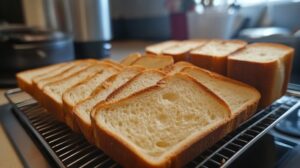 Slices of white bread neatly arranged on a cooling rack in a kitchen setting, ready for further preparation as part of a cooking process