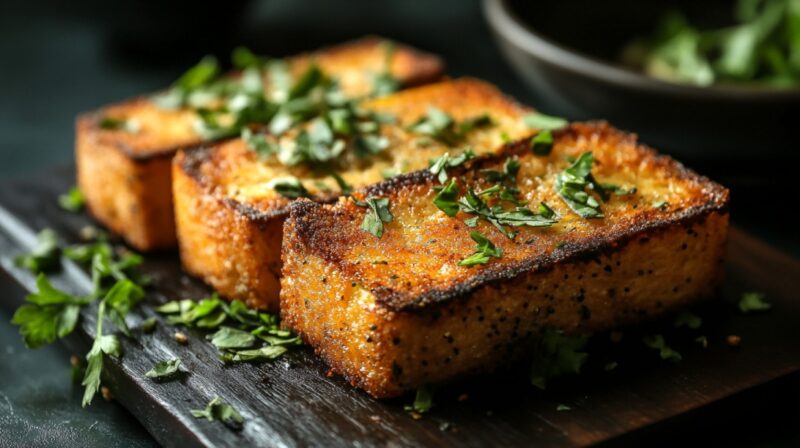 Thick slices of golden-brown deep-fried fenugreek toasts topped with fresh chopped herbs and toasted spices, arranged on a dark wooden serving board