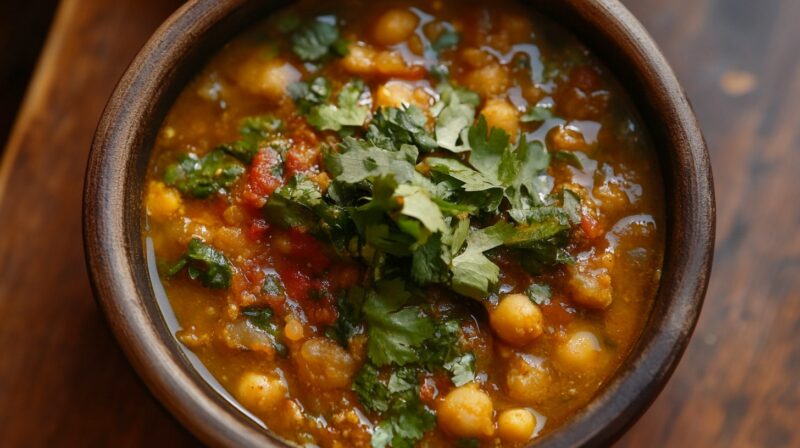 Close-up of Punjabi Chole garnished with fresh cilantro in a wooden bowl