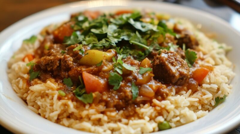 A close-up of a plate of khichdi topped with spicy curry, vegetables, and garnished with fresh cilantro