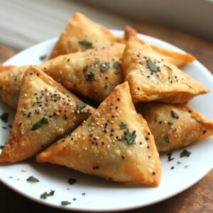 A white plate filled with golden-brown lentil samosas, each triangular in shape, crisp and sprinkled with black and white sesame seeds and chopped herbs