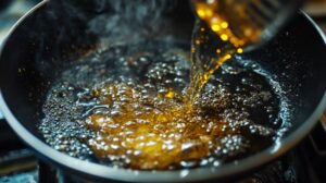 Hot oil bubbling in a deep pan as golden cooking oil is being poured in, preparing for deep-frying lentil samosas to achieve a crispy, golden finish