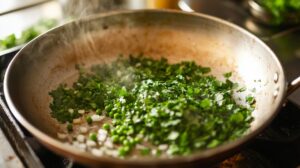 A skillet with chopped fresh herbs, green peas, and diced onions being sautéed over heat as steam rises, capturing the early stage of lentil samosa filling preparation