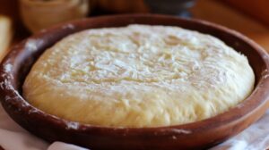 A large wooden bowl filled with risen samosa dough, lightly dusted with flour, showing a soft, airy texture ready for shaping