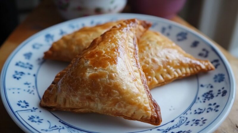 Three golden-brown lentil samosas with a flaky, crispy crust are arranged on a white plate with blue floral patterns, showcasing their triangular shape and inviting texture