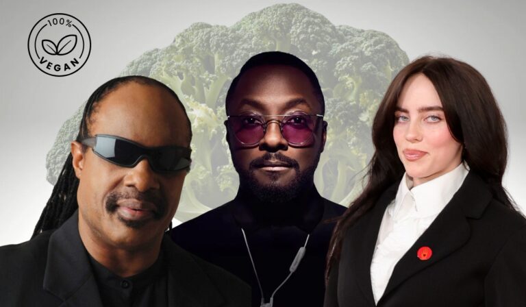 Three well-known musicians standing in front of a broccoli background, with a "100% Vegan" label in the corner