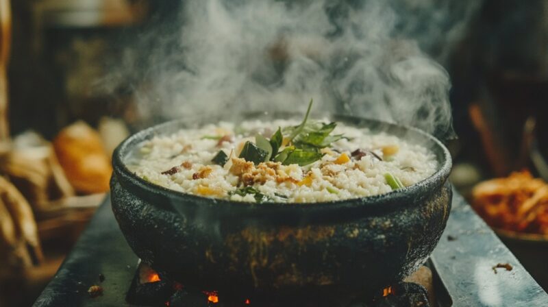 A close-up of freshly cooked Pongal in a traditional black pot, garnished with curry leaves and spices