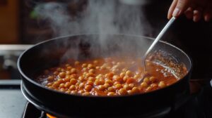 Chickpeas cooking in tomato-based curry in a pan