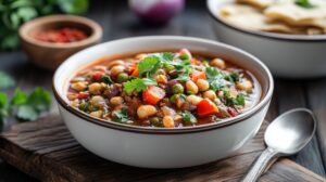 Bowl of Punjabi chole garnished with coriander and served with naan