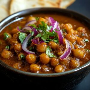 A bowl of Punjabi Chole garnished with red onions and fresh coriander