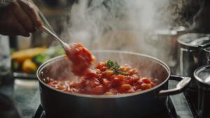 Tomato purée cooking in a pan with steam rising