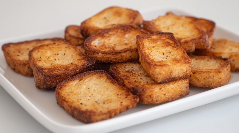 A white rectangular plate filled with crispy, golden-brown deep-fried fenugreek toasts, lightly seasoned with pepper and stacked neatly for serving