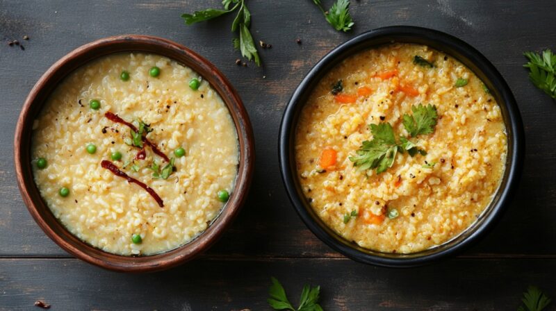 Top view of two bowls—Khichdi with peas and Pongal with carrots and herbs