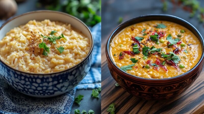 Side-by-side bowls of Khichdi and Pongal topped with herbs and spices