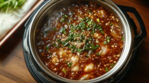 Pot of bubbling vegan broth with green onions and sesame seeds on top