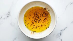 Bowl of golden marinade with black pepper and spices on a white marble background