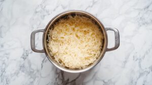 Cooked ramen noodles in a stainless steel pot on a marble countertop
