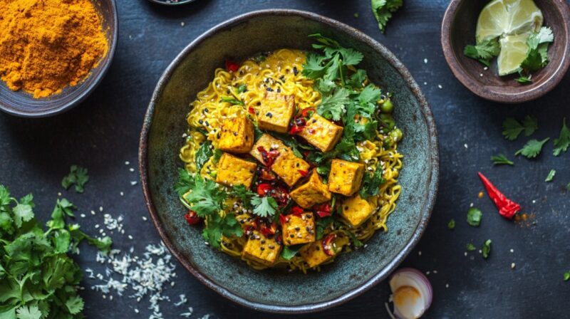 Top-down view of a bowl of vegan ramen with turmeric tofu, cilantro, chili, sesame seeds, and noodles