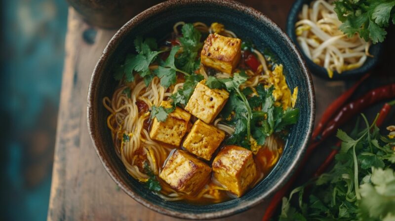 Bowl of vegan ramen with turmeric tofu, cilantro, and noodles in broth, surrounded by herbs and chili peppers