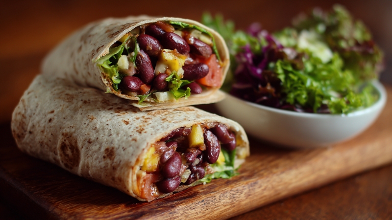 A tortilla wrap filled with beans, fresh vegetables, and greens, served with a side salad