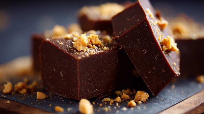 Thick squares of vegan chocolate peanut butter fudge are stacked on a dark surface and topped with crushed peanuts