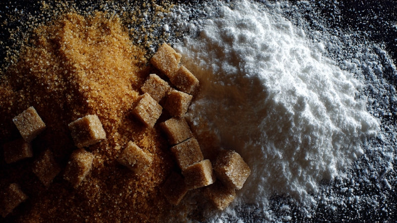 Brown sugar cubes next to a pile of powdered sugar on a dark surface