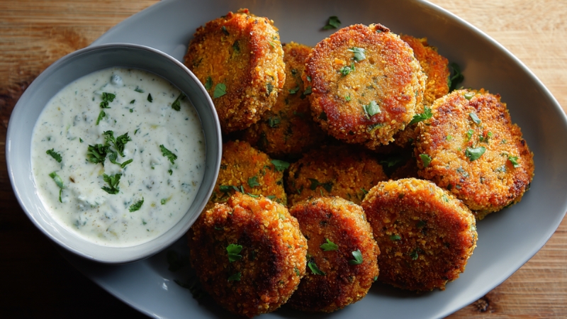 A plate of crispy chickpea and sweet potato cutlets garnished with herbs, served with a bowl of creamy dip