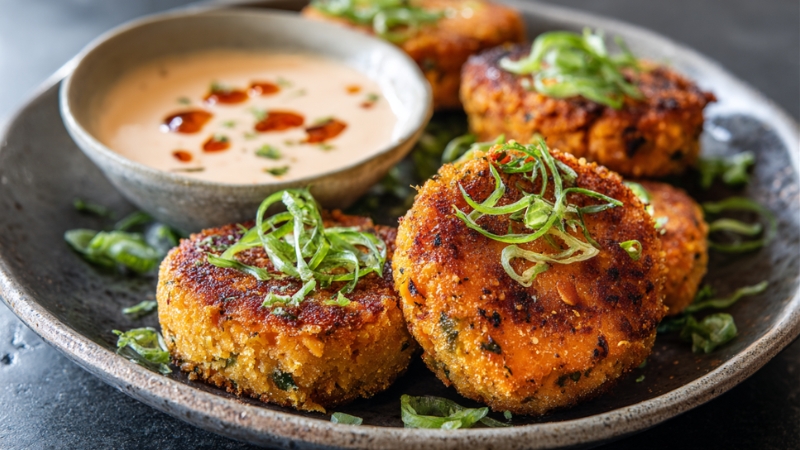 Golden chickpea and sweet potato cutlets topped with fresh herbs, served with a creamy dipping sauce