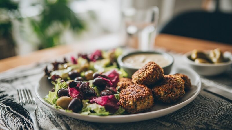 Falafel served on a plate with fresh salad, pickles, olives, and tahini sauce