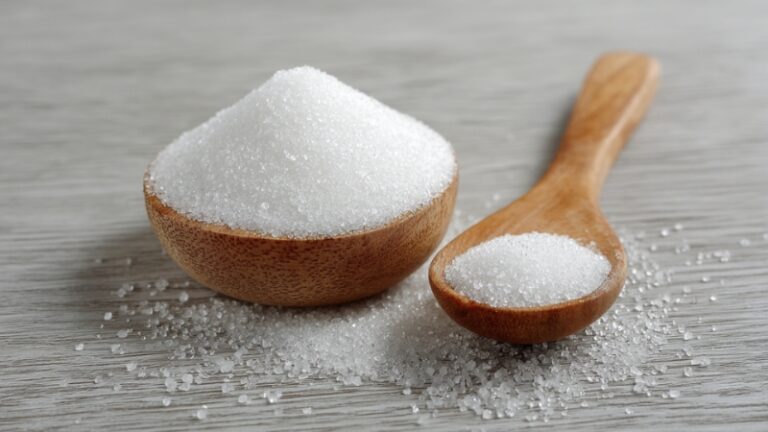 A wooden bowl and spoon filled with white sugar on a gray table surface