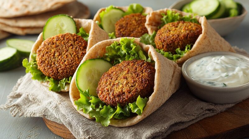 Kid-friendly falafel patties shaped with cookie cutters, served in pita bread with cucumber, lettuce, and yogurt dip