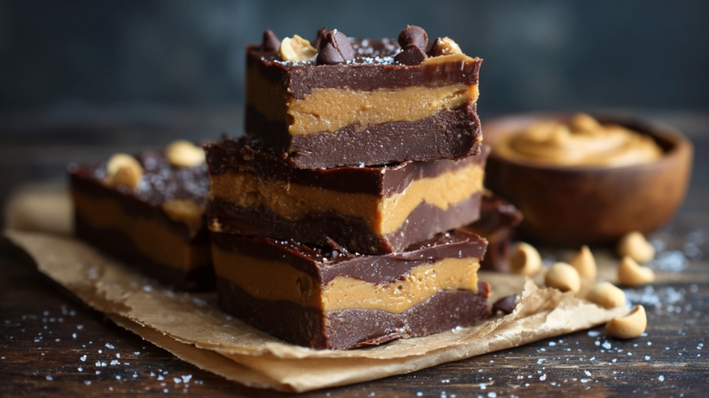 Layered vegan chocolate peanut butter fudge pieces are stacked on parchment paper, topped with chocolate chips and sprinkled with sea salt