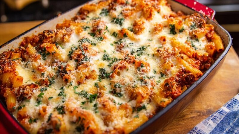 Baked ziti with ricotta in a casserole dish, golden brown with melted cheese on top