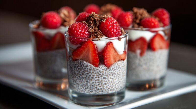 Three glass cups of chia pudding layered with sliced strawberries, topped with dairy-free yogurt, raspberries, and chocolate shavings