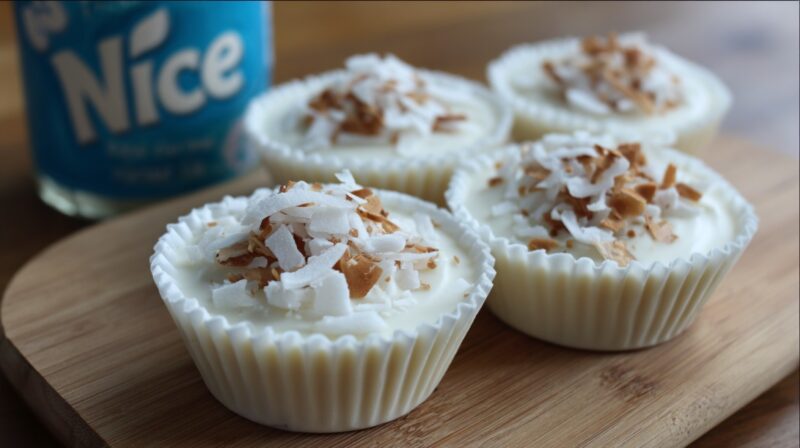 Close-up of coconut milk 'Nice' cream cups in white liners, topped with shredded and toasted coconut flakes on a wooden board