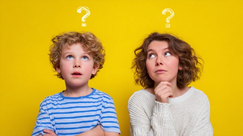 A boy in a striped shirt and a woman in a white sweater look up and to the side, with hand-drawn question marks floating above their heads, all against a bright yellow background