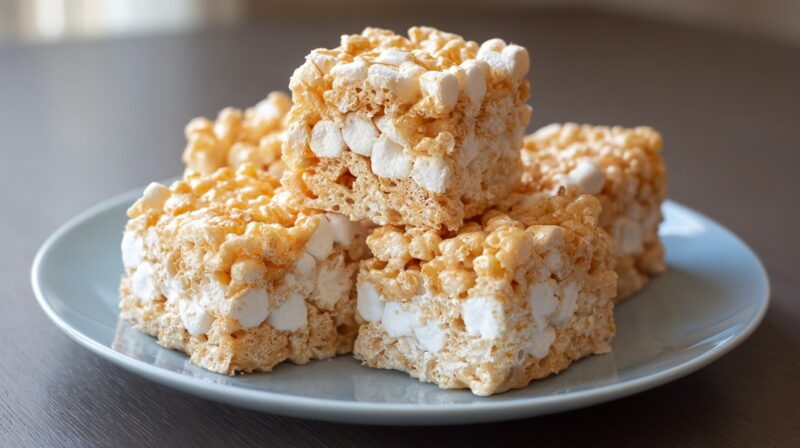 Close-up of crispy marshmallow treats stacked on a plate, made with puffed rice cereal and gooey marshmallows