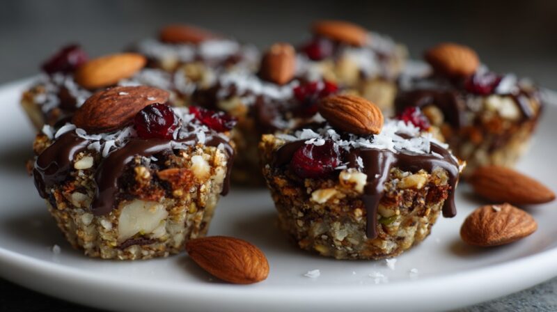 Close-up of dairy-free mini nut and fruit bites drizzled with dark chocolate, topped with almonds, cranberries, and shredded coconut on a white plate
