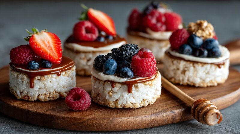 Mini rice cake sandwiches topped with dairy-free cream, chocolate drizzle, and fresh berries like strawberries, raspberries, blueberries, and blackberries