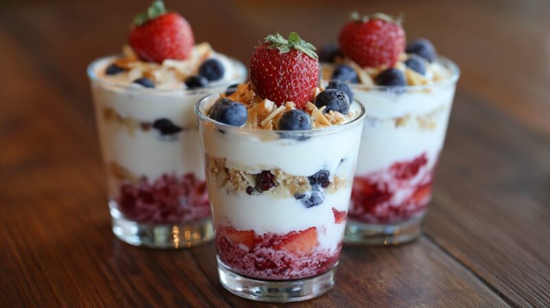 Three dairy-free yogurt parfaits layered with strawberries, blueberries, granola, and topped with whole strawberries and blueberries in clear glasses