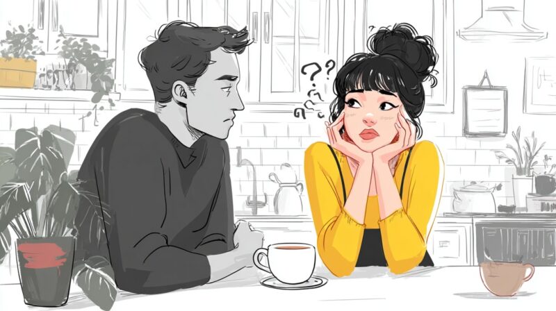 A black and white sketch of a man sitting across a kitchen counter from a woman who is partially colored in yellow. The man looks skeptical or concerned, while the woman looks confused, with question marks floating near her head