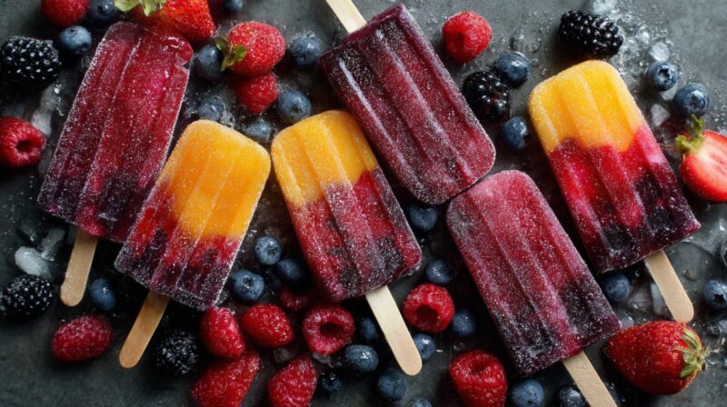 Colorful frozen fruit pops made with layers of orange, red, and purple juice surrounded by fresh berries and ice