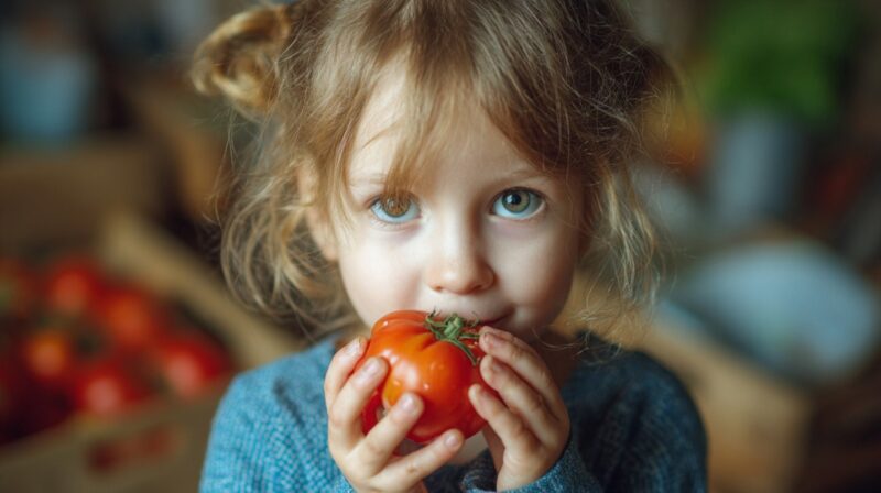 A close-up photo of a young child with light hair holding and eating a large, red tomato