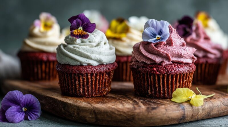 Mini vegan cupcakes with colorful dairy-free frosting and edible flower decorations on a wooden serving board