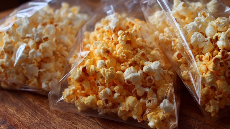 Clear plastic bags filled with cheesy popcorn, ready for snacking or sharing