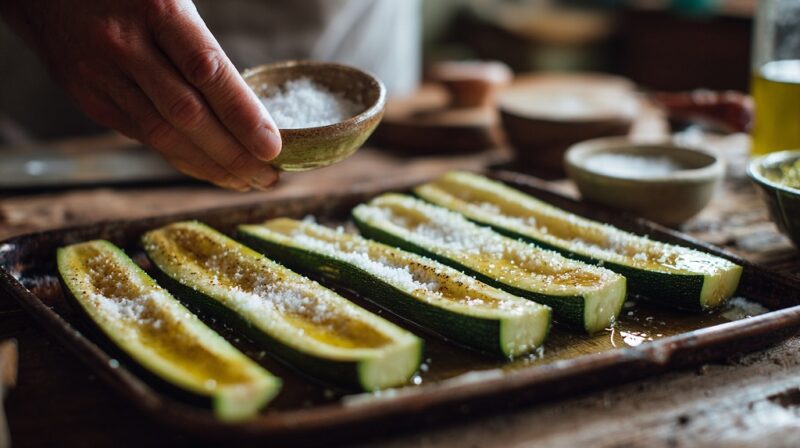 Zucchini boats on a tray being prepped with olive oil and salt before baking