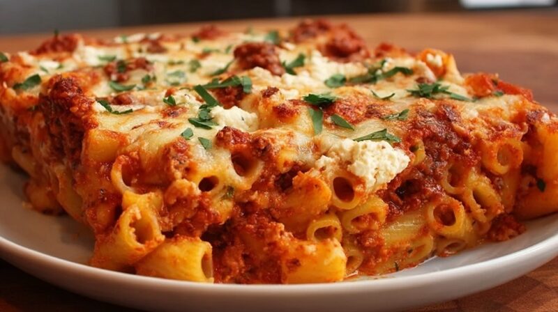 Slice of baked ziti with ricotta on a plate, showing layers of pasta, sauce, and melted cheese